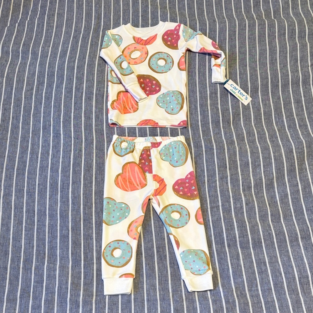 Carter's Kids Fleece Donut & Heart Print White Pajama Set - Pink & Teal